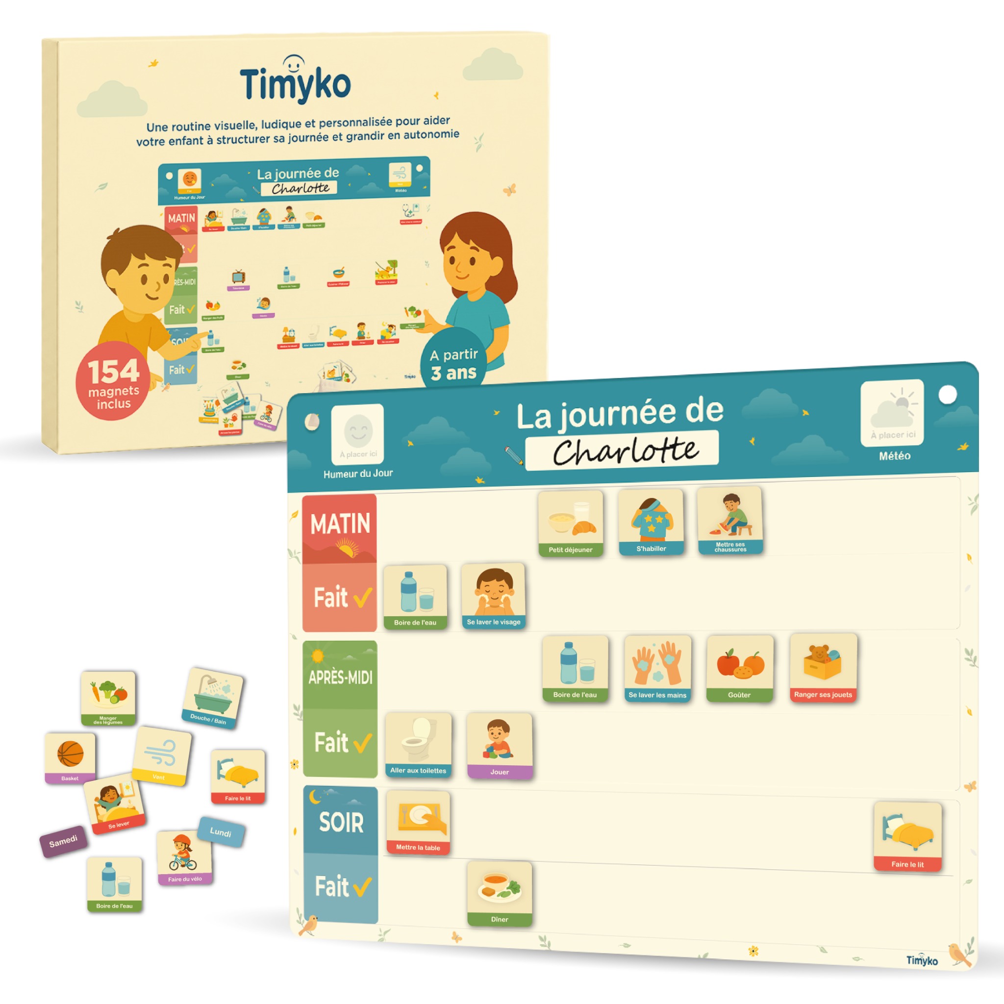 Planning journalier magnétique Timyko avec sa boîte et ses magnets